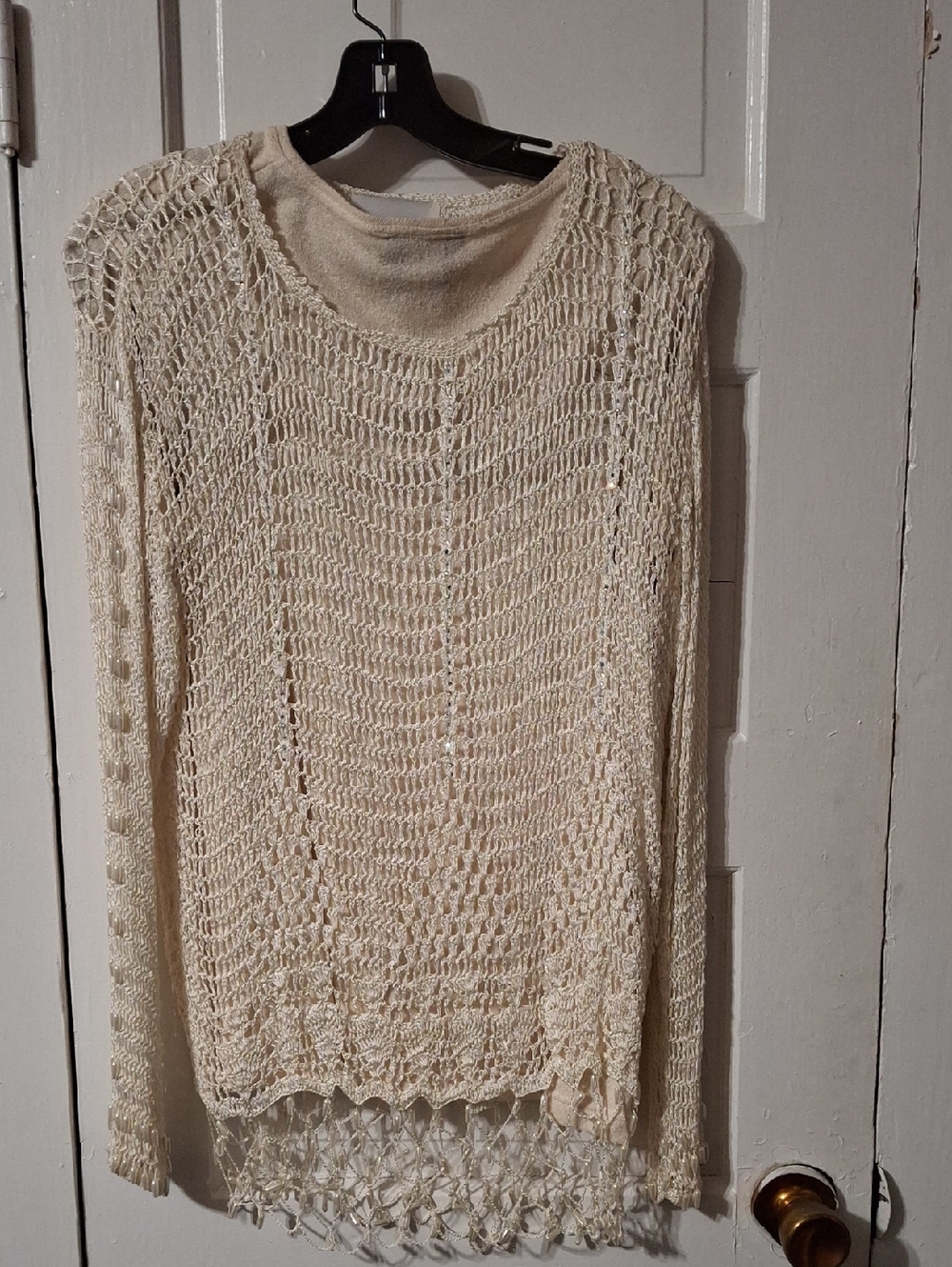 Open-Knit Scoop Neck Long Sleeve Top in Cream (Mis321) Glitter And Pearl Adornme